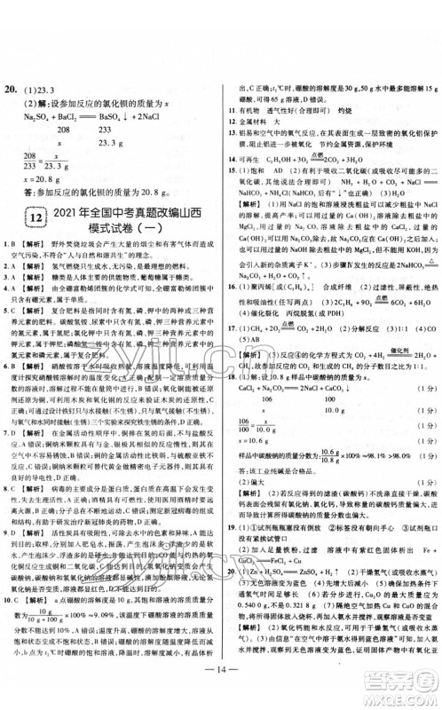 延边大学出版社2022山西中考试题精选及详解九年级化学人教版答案