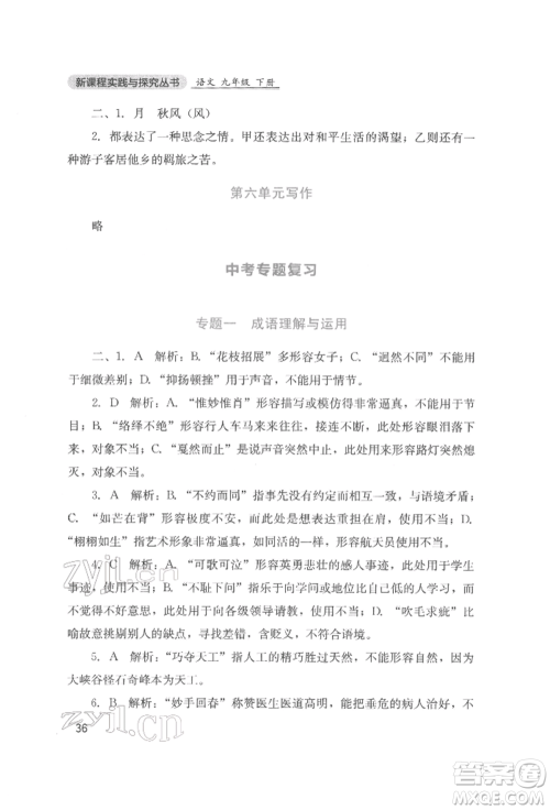四川教育出版社2022新课程实践与探究丛书九年级下册语文人教版参考答案 四川教育出版社2022新课程实践与探究丛书九年级下册语文人教版参考答案