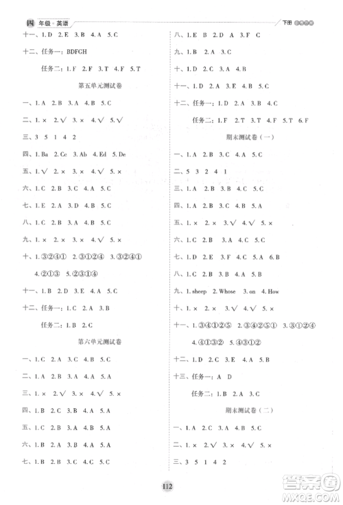 延边人民出版社2022优秀生作业本情境式阅读型练习册四年级下册英语人教版参考答案