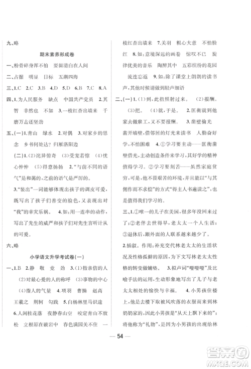 浙江大学出版社2022课时特训优化作业本六年级下册语文人教版浙江专版参考答案