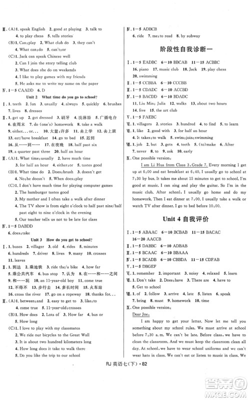 河北少年儿童出版社2022夺冠百分百初中优化测试卷七年级英语下册RJ人教版答案