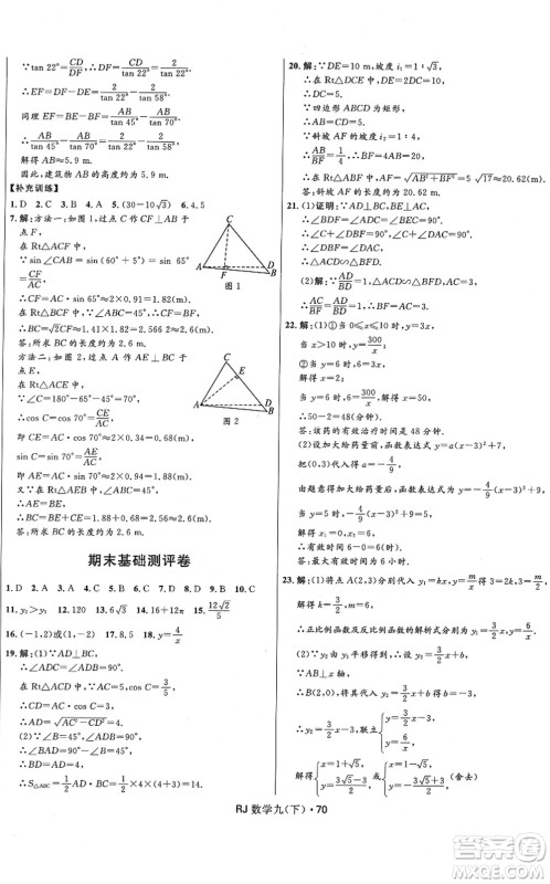 河北少年儿童出版社2022夺冠百分百初中优化测试卷九年级数学下册RJ人教版答案