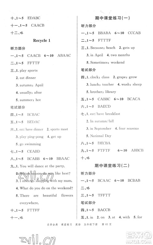 广东经济出版社2022名师金典课堂练习五年级英语下册人教版答案