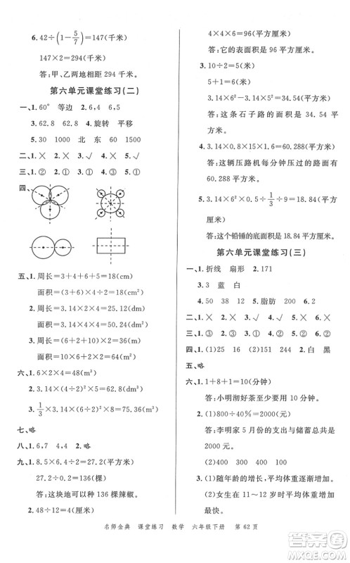 广东经济出版社2022名师金典课堂练习六年级数学下册R人教版答案