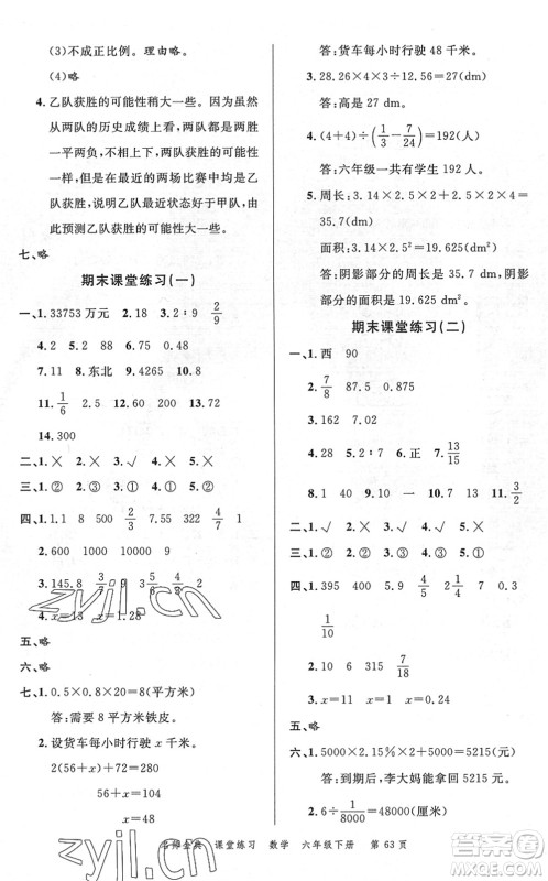 广东经济出版社2022名师金典课堂练习六年级数学下册R人教版答案