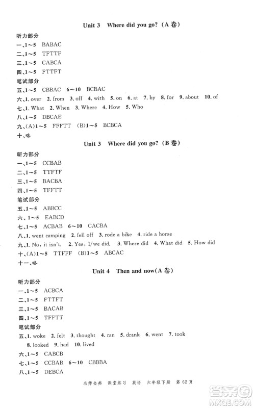 广东经济出版社2022名师金典课堂练习六年级英语下册人教版答案
