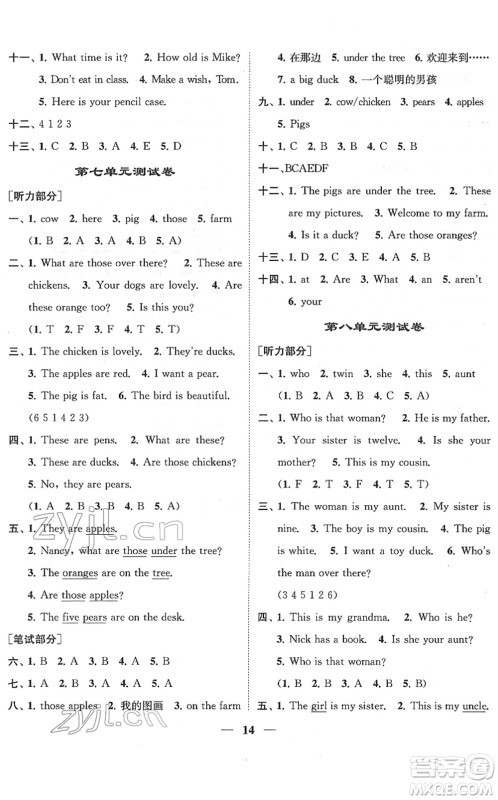 江苏凤凰美术出版社2022随堂练1+2三年级英语下册江苏版答案