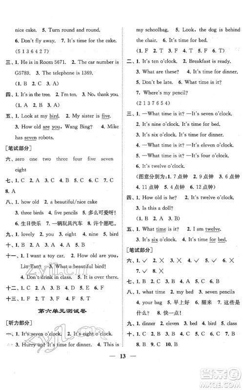 江苏凤凰美术出版社2022随堂练1+2三年级英语下册江苏版答案