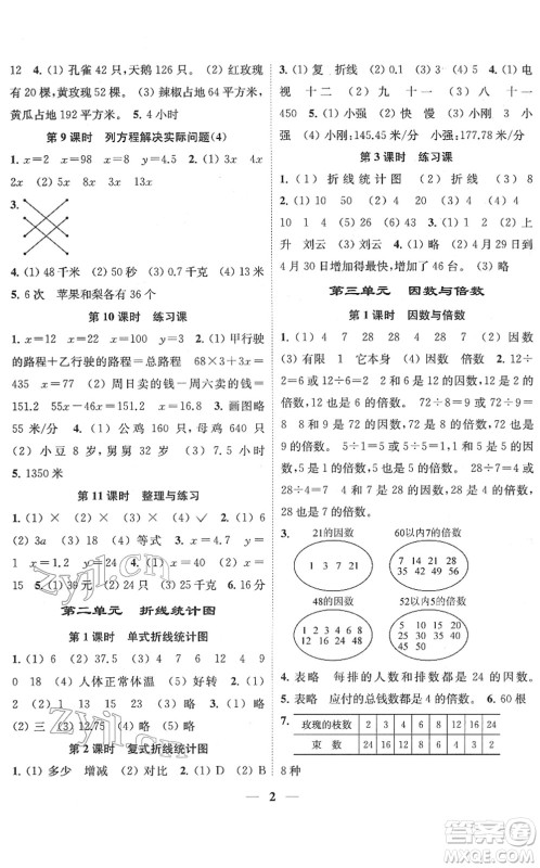 江苏凤凰美术出版社2022随堂练1+2五年级数学下册江苏版答案