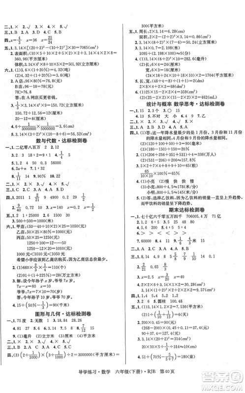 延边教育出版社2022乐享数学导学练习六年级下册RJB人教版答案