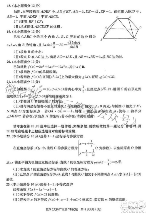 成都市2019级高中毕业班第三次诊断性检测文科数学试题及答案