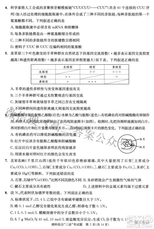 成都市2019级高中毕业班第三次诊断性检测理科综合试题及答案