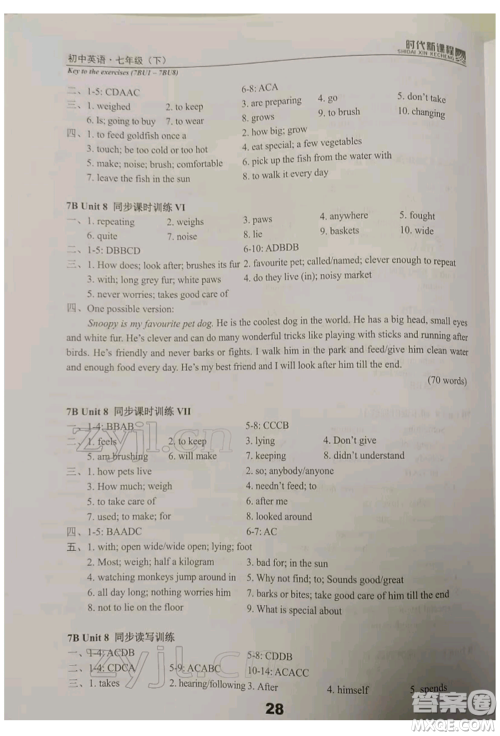河海大学出版社2022时代新课程七年级下册英语译林版参考答案