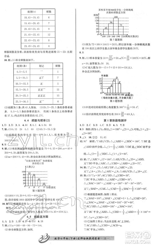 云南科技出版社2022名师金典BFB初中课时优化七年级数学下册浙教版答案