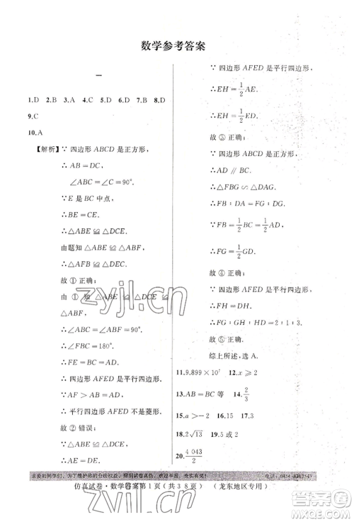 延边人民出版社2022仿真试卷数学通用版龙东地区专版参考答案