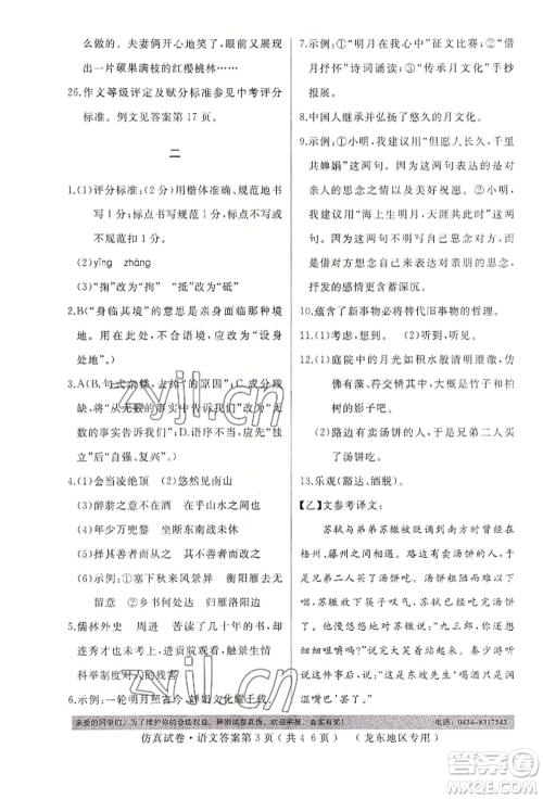 延边人民出版社2022仿真试卷语文通用版龙东地区专版参考答案