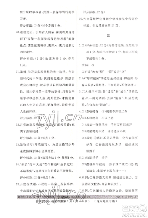 延边人民出版社2022仿真试卷语文通用版龙东地区专版参考答案