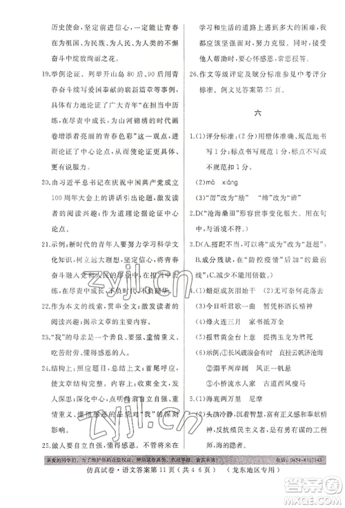 延边人民出版社2022仿真试卷语文通用版龙东地区专版参考答案