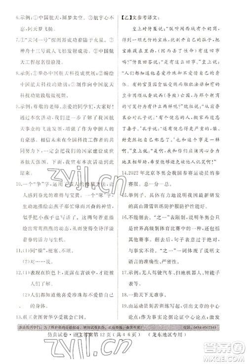 延边人民出版社2022仿真试卷语文通用版龙东地区专版参考答案