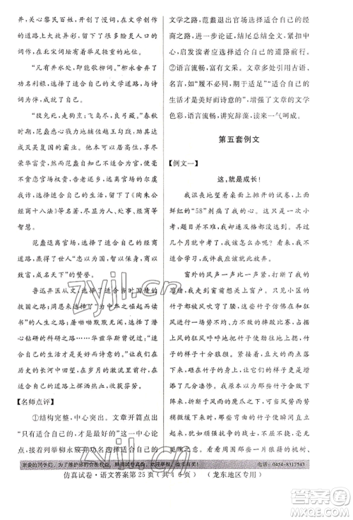 延边人民出版社2022仿真试卷语文通用版龙东地区专版参考答案
