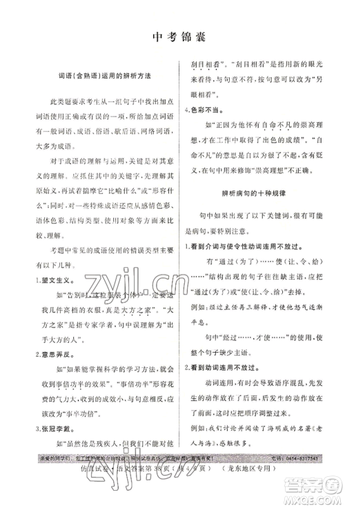 延边人民出版社2022仿真试卷语文通用版龙东地区专版参考答案
