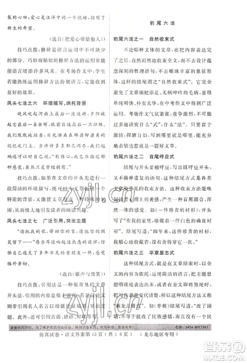 延边人民出版社2022仿真试卷语文通用版龙东地区专版参考答案