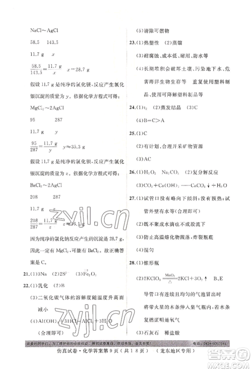 延边人民出版社2022仿真试卷化学通用版龙东地区专版参考答案 延边人民出版社2022仿真试卷化学通用版龙东地区专版参考答案