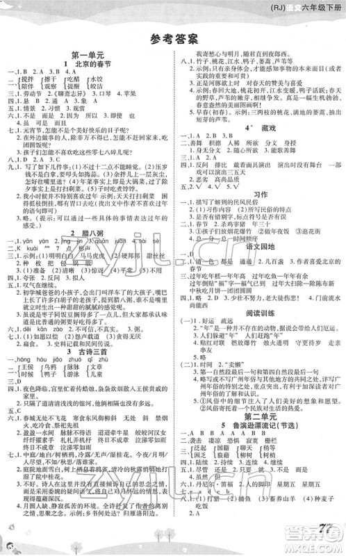 中州古籍出版社2022黄冈课课练六年级语文下册RJ人教版答案