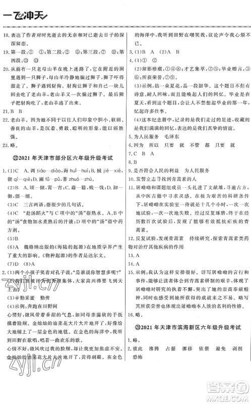 天津人民出版社2022一飞冲天小升初真题精选六年级语文人教版答案 天津人民出版社2022一飞冲天小升初真题精选六年级语文人教版答案