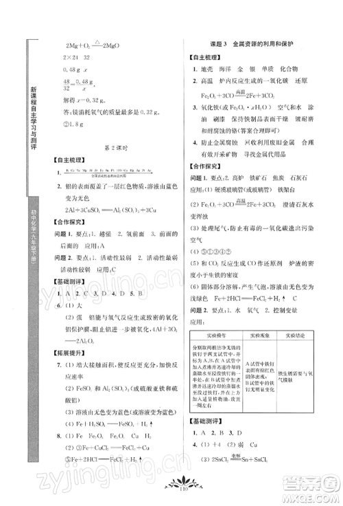 南京师范大学出版社2022新课程自主学习与测评九年级下册化学人教版参考答案 南京师范大学出版社2022新课程自主学习与测评九年级下册化学人教版参考答案