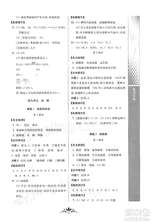 南京师范大学出版社2022新课程自主学习与测评九年级下册化学人教版参考答案