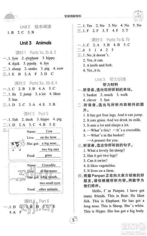 江西人民出版社2022王朝霞德才兼备作业创新设计四年级英语下册剑桥版答案