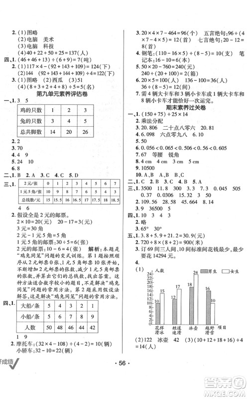 新疆青少年出版社2022同行课课100分过关作业四年级数学下册RJ人教版答案