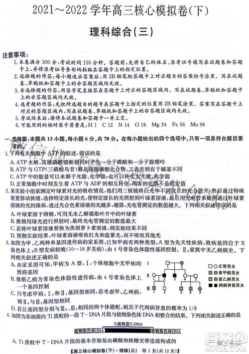 九师联盟2021-2022学年高三核心模拟卷下三理科综合试题及答案 九师联盟2021-2022学年高三核心模拟卷下三理科综合试题及答案