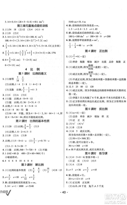 新疆青少年出版社2022同行课课100分过关作业六年级数学下册RJ人教版答案