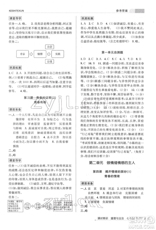 浙江人民出版社2022课时特训七年级下册道德与法治通用版参考答案