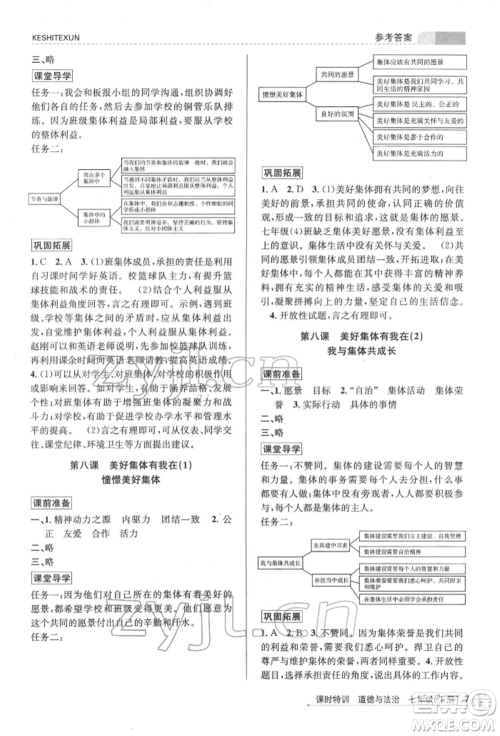 浙江人民出版社2022课时特训七年级下册道德与法治通用版参考答案