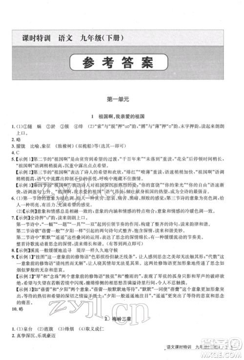 浙江人民出版社2022课时特训九年级下册语文人教版参考答案