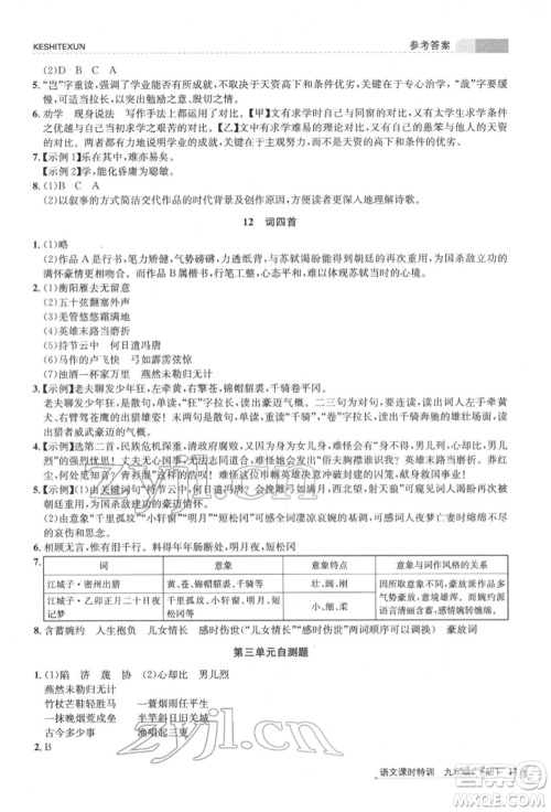 浙江人民出版社2022课时特训九年级下册语文人教版参考答案