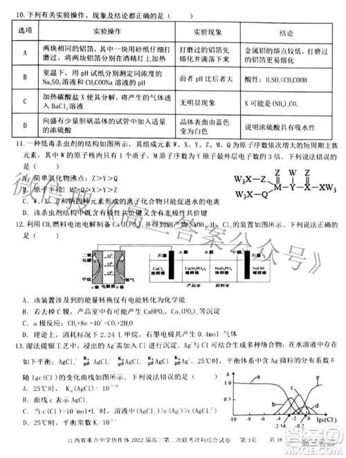 江西省重点中学协作体2022届高三第二次联考理科综合试题及答案 江西省重点中学协作体2022届高三第二次联考理科综合试题及答案