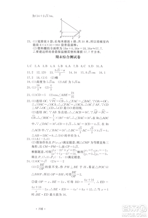 花山文艺出版社2022学科能力达标初中生100全优卷九年级下册数学浙教版参考答案