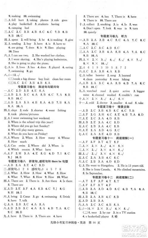 新疆文化出版社2022先锋小考复习冲刺卷六年级英语下册人教版答案