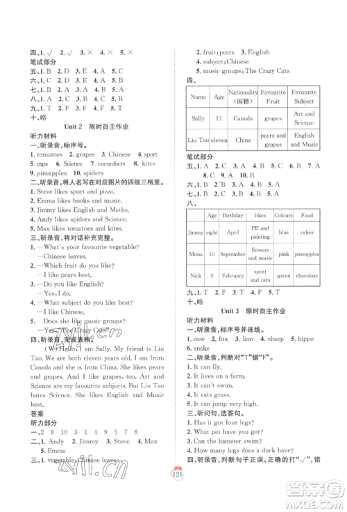 长江少年儿童出版社2022优质课堂快乐成长四年级下册英语剑桥版参考答案 长江少年儿童出版社2022优质课堂快乐成长四年级下册英语剑桥版参考答案