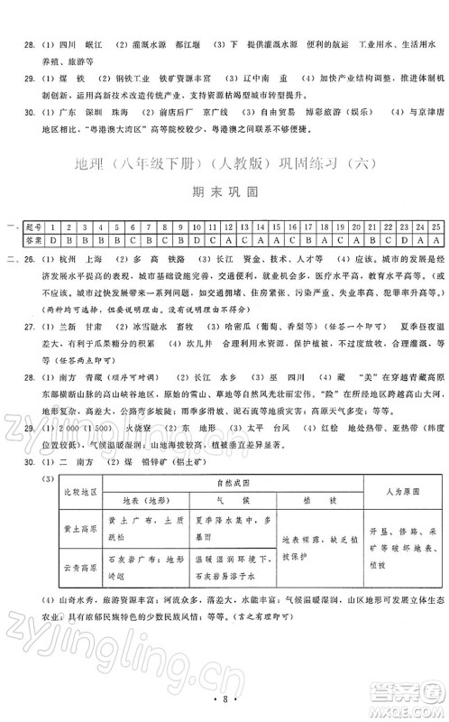 福建人民出版社2022顶尖课课练八年级地理下册人教版答案