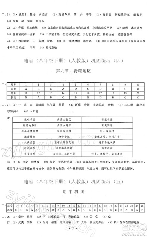 福建人民出版社2022顶尖课课练八年级地理下册人教版答案