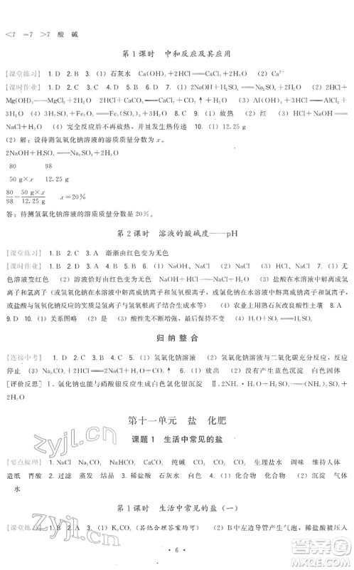 福建人民出版社2022顶尖课课练九年级化学下册人教版答案