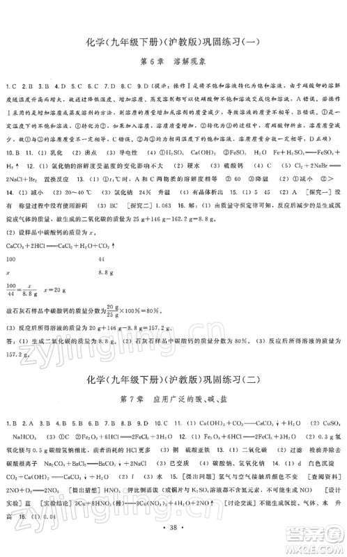 福建人民出版社2022顶尖课课练九年级化学下册沪教版答案 福建人民出版社2022顶尖课课练九年级化学下册沪教版答案