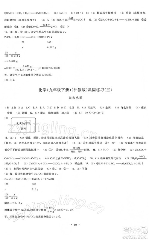 福建人民出版社2022顶尖课课练九年级化学下册沪教版答案 福建人民出版社2022顶尖课课练九年级化学下册沪教版答案