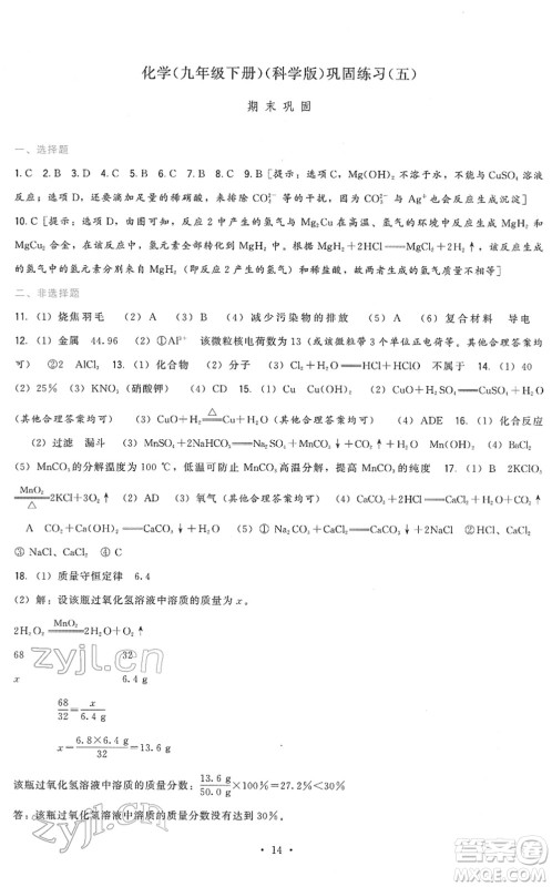 福建人民出版社2022顶尖课课练九年级化学下册科学版答案 福建人民出版社2022顶尖课课练九年级化学下册科学版答案