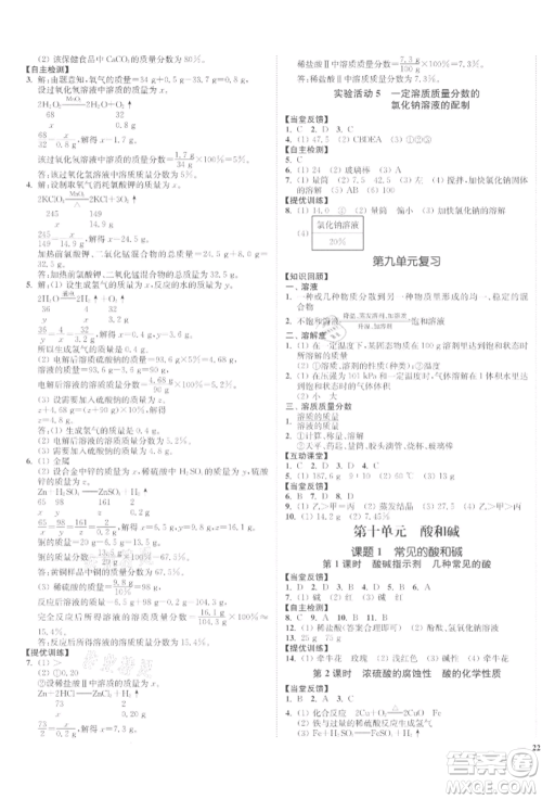 延边大学出版社2022南通小题课时作业本九年级化学下册人教版参考答案